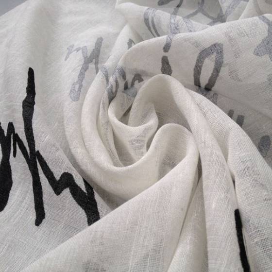 Tessuto per tendaggi misto lino fantasia calligrafia - bianco/Beige/marrone
