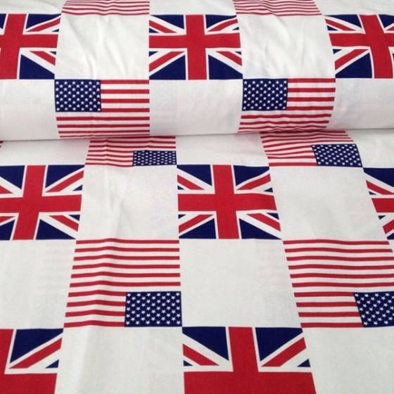Tessuto arredo in cotone motivo bandiera inglese e usa - sfondo bianco