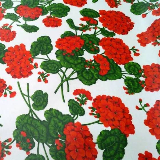 Tessuto per tovagliato plastificato floreale con gerani - bianco rosso e verde
