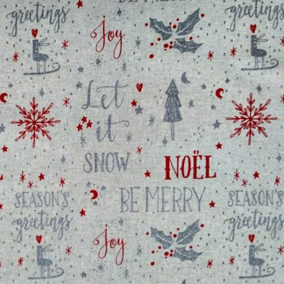 Tessuto per tovagliato natalizio con scritte - bianco grigio e rosso
