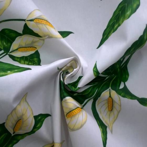 Tessuto plastificato Bottaro motivo fiori calle - sfondo bianco