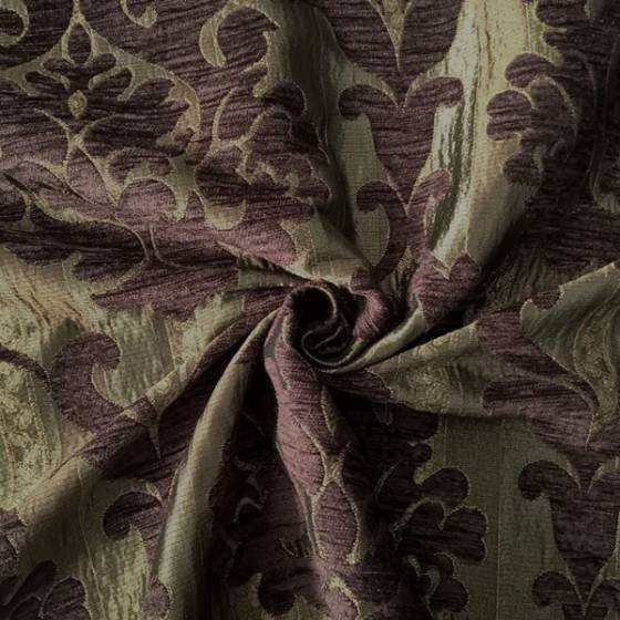 Tessuto per rivestimento motivo damascato - viola e bronzo